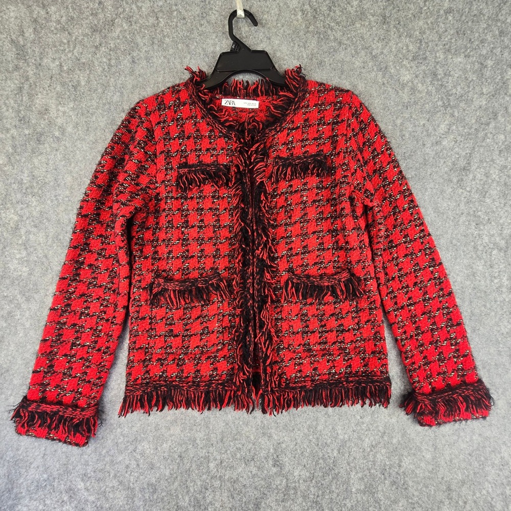 Zara Small S Red Plaid Tweed Jacket Metallic Fringe Trim Hook Eye Open Cardigan